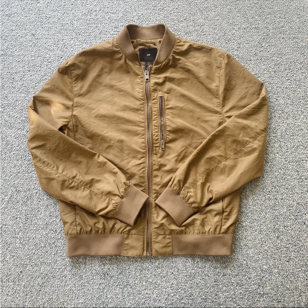 H&M Full Zip Mens Bomber Jacket Beige Brown Tan Medium Aviator Lightweight